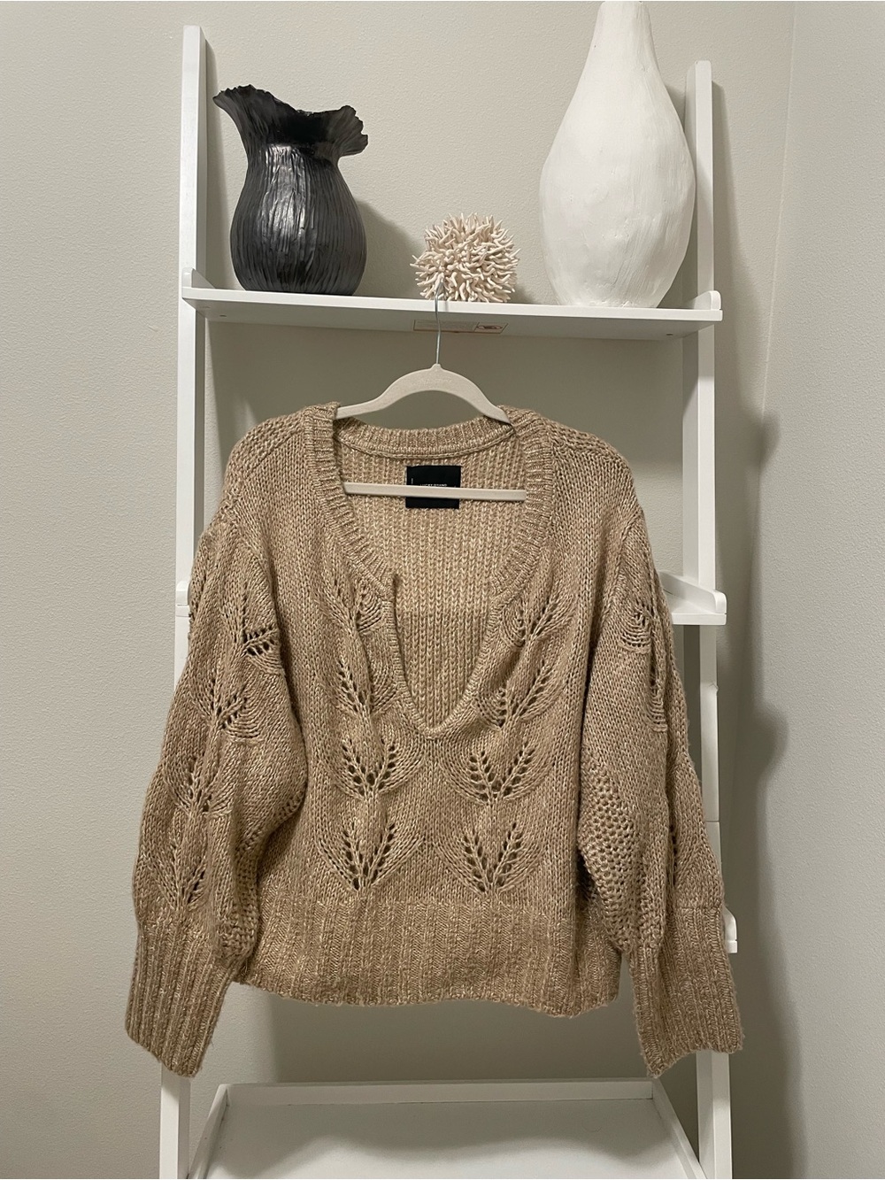 Lucky Brand Taupe Openwork V-Neck Chunky Knit Sweater